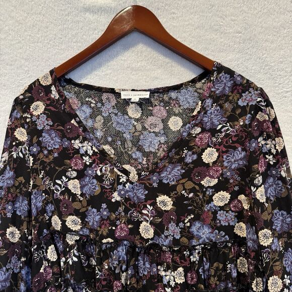 Coco Jaimeson Women’s Boho Floral Print Ruffle Blouse V-Neck Tiered Peplum - Picture 4 of 10